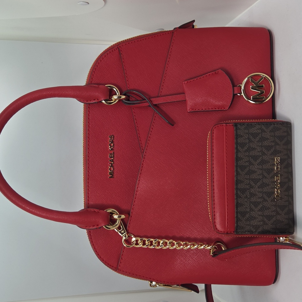 Michael Kors Jet Set Medium Saffiano Dome Cherry Red Satchel and Wallet